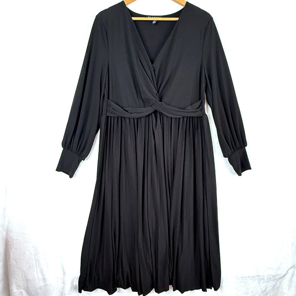 Eloquii Twist Knot Front Pleated V Neck Long Bishop Sleeves Midi Dress 16 Black